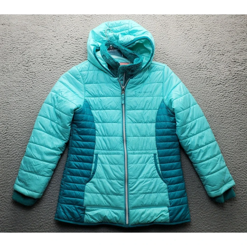 Free Country Puffer Jacket Youth L Multi Winter Insulated Hooded Full Zip EUC
